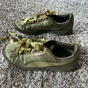 Puma Satin Sneakers in Olive with Ribbon Laces